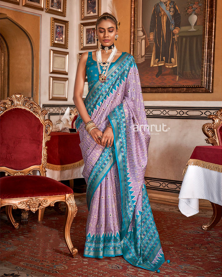 Light Purple with Teal Blue Floral Motifs Printed Border Saree and Unstitched Blouse 01