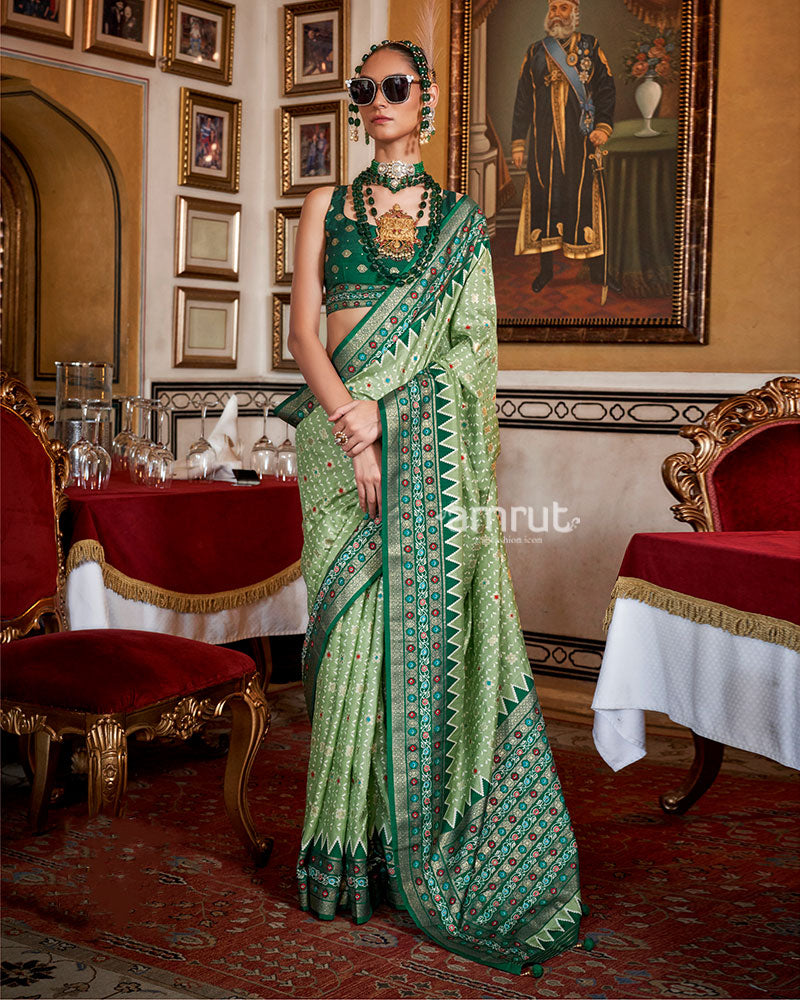 Light Sage Green with Teal Floral Motifs Printed Border Saree and Unstitched Blouse 01
