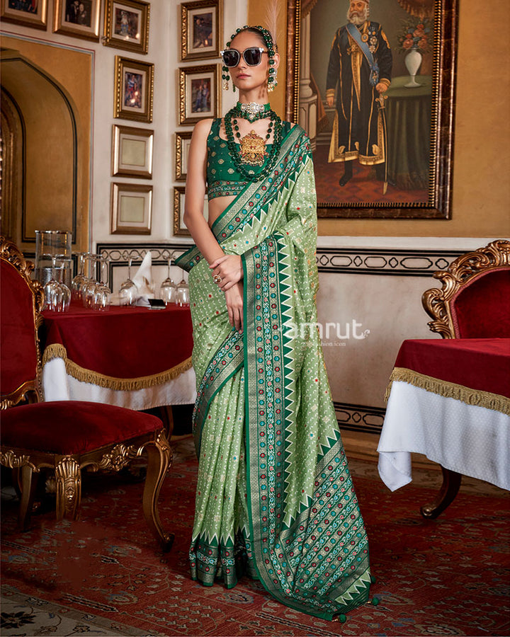 Light Sage Green with Teal Floral Motifs Printed Border Saree and Unstitched Blouse 01