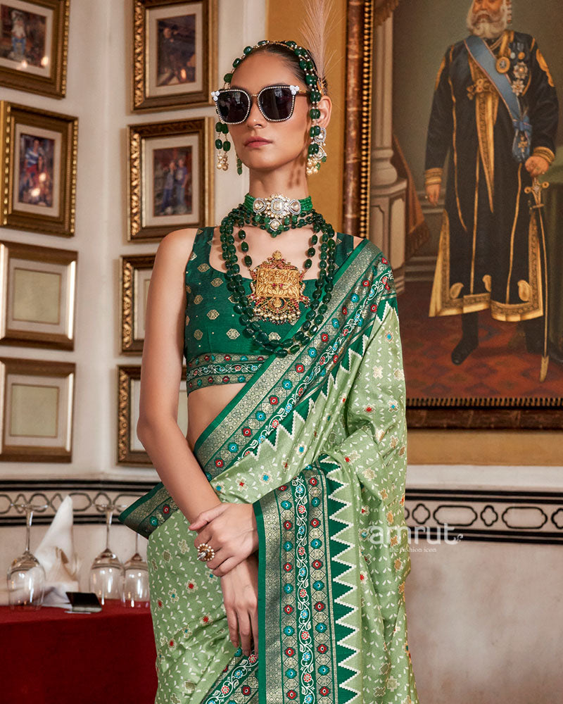 Light Sage Green with Teal Floral Motifs Printed Border Saree and Unstitched Blouse 02