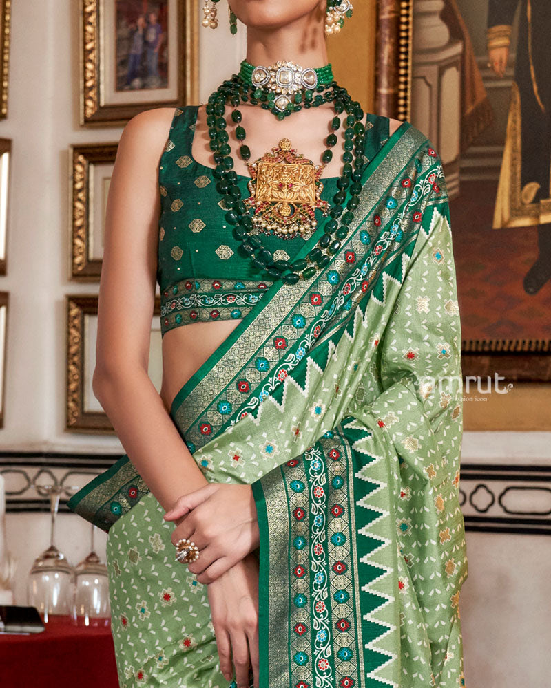 Light Sage Green with Teal Floral Motifs Printed Border Saree and Unstitched Blouse 03