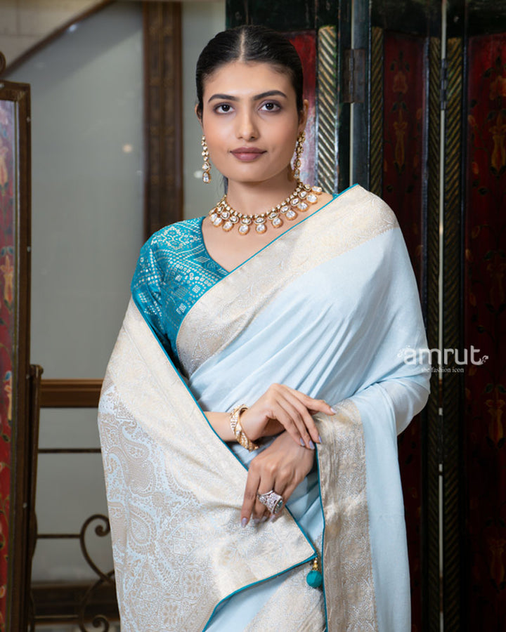 Light Sky-Blue Zari Woven Silk Saree with Embroidered Wine Blouse 02