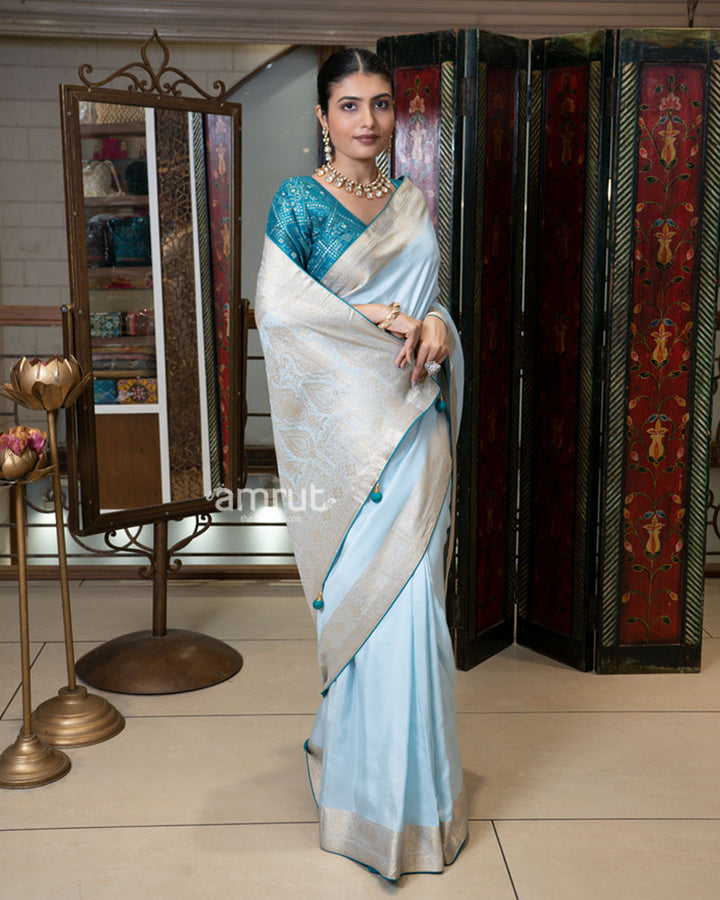 Light Sky-Blue Zari Woven Silk Saree with Embroidered Wine Blouse 05