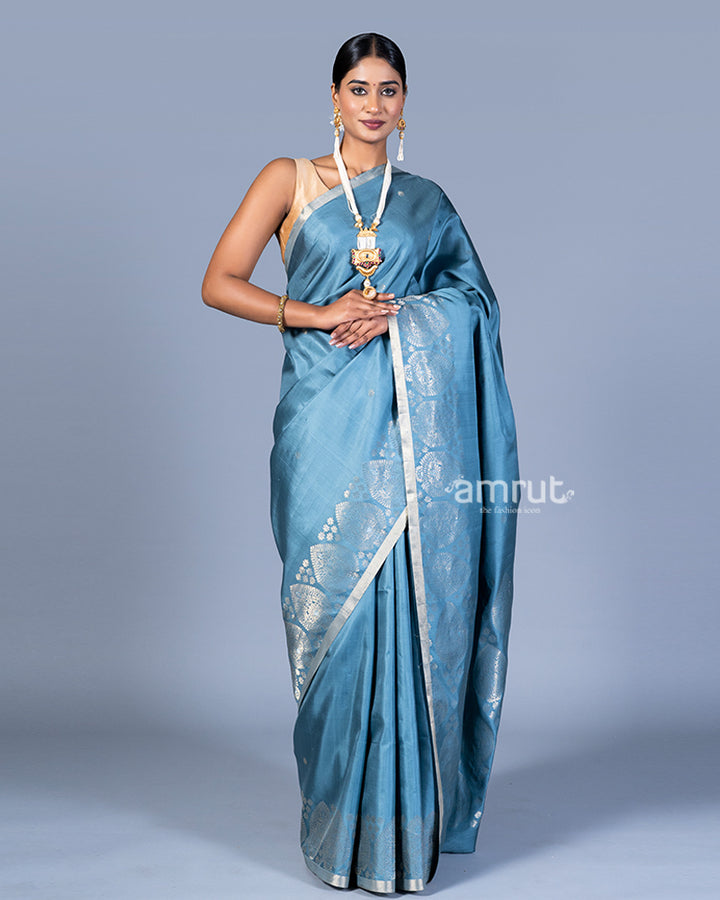 Light Teal Blue and Beige Borders Silk Saree with Unstitched Blouse 01