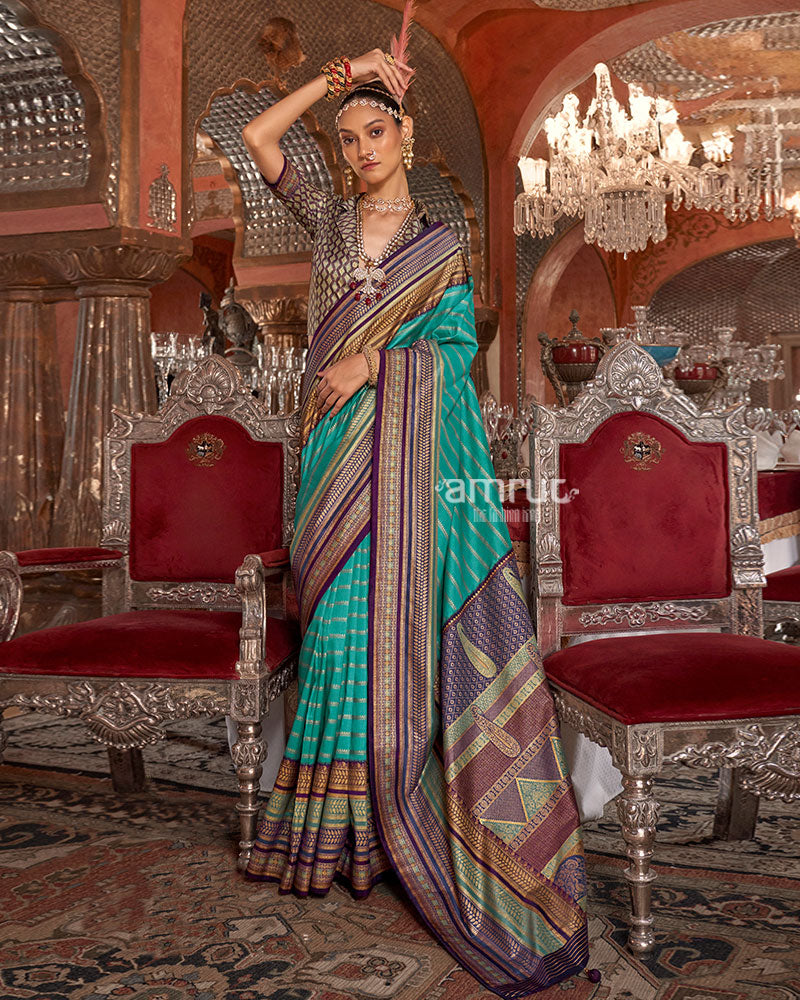 Light Teal Kanjivaram Silk Saree with Unstitched Blouse 01