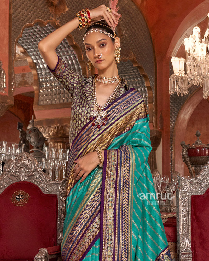 Light Teal Kanjivaram Silk Saree with Unstitched Blouse 02