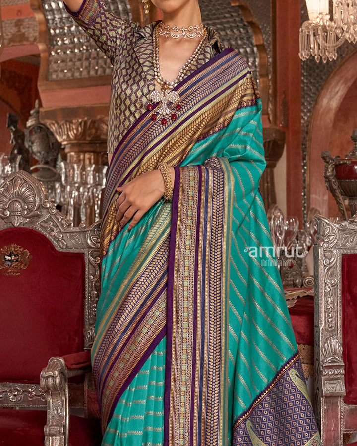 Light Teal Kanjivaram Silk Saree with Unstitched Blouse 03