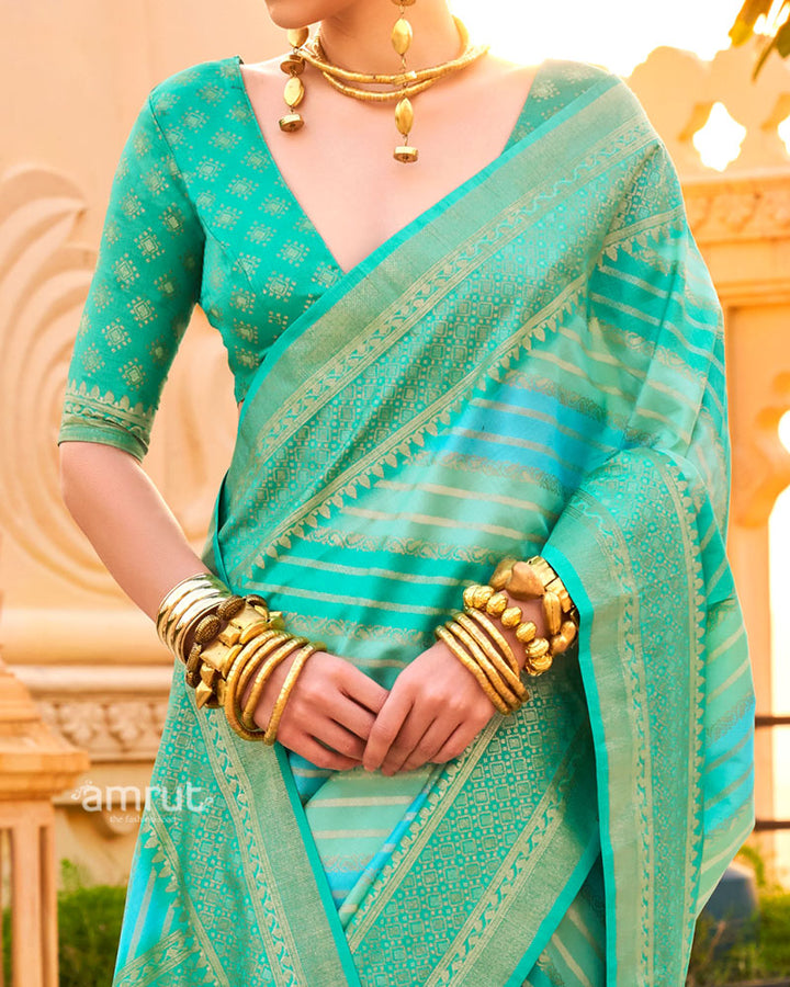 Light Teal Printed Silk Saree with Unstitched Blouse 03