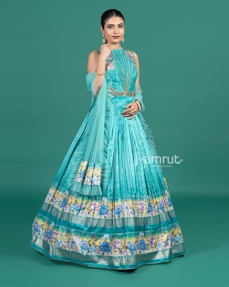 Light Teal Printed Tiered Gown with Dupatta 01