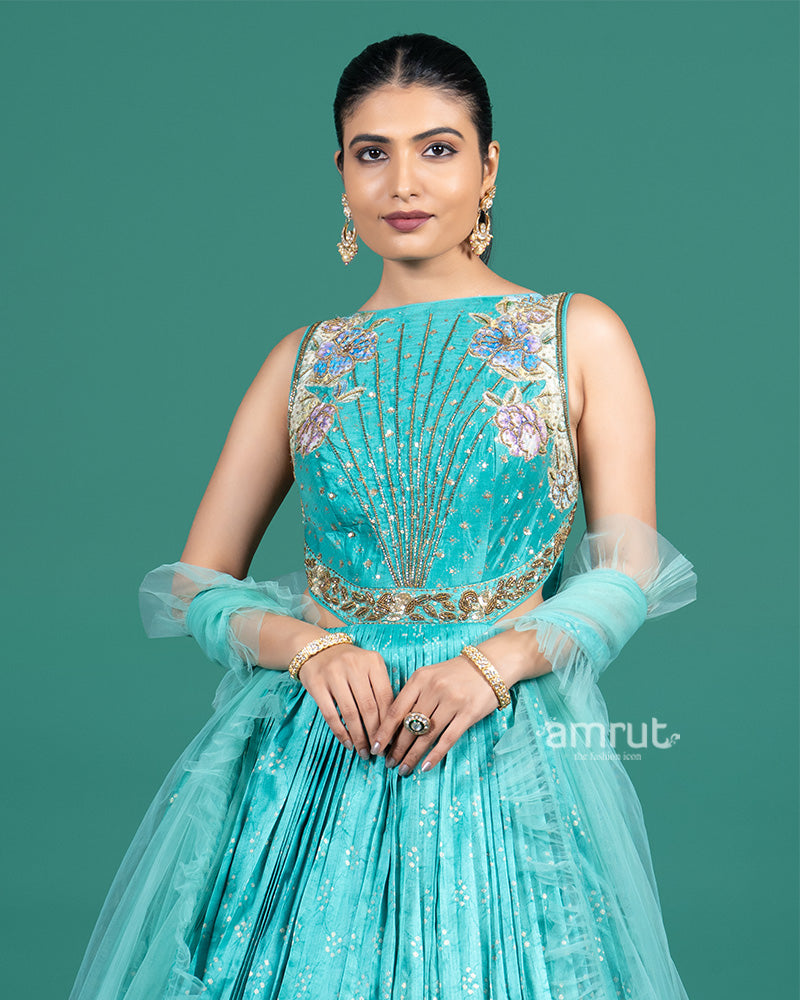 Light Teal Printed Tiered Gown with Dupatta 02