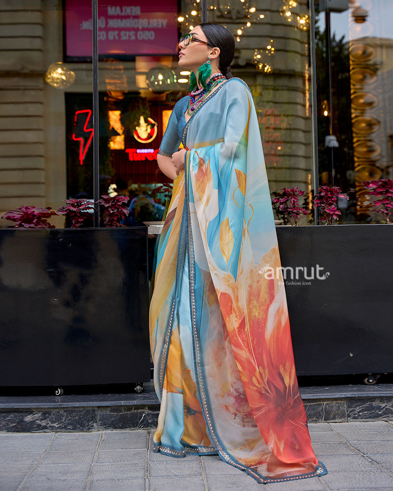 Light Teal and Peach Abstract Floral Print Saree with Silver Embellished Border and Unstitched Blouse 01
