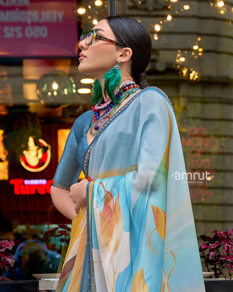 Light Teal and Peach Abstract Floral Print Saree with Silver Embellished Border and Unstitched Blouse 02