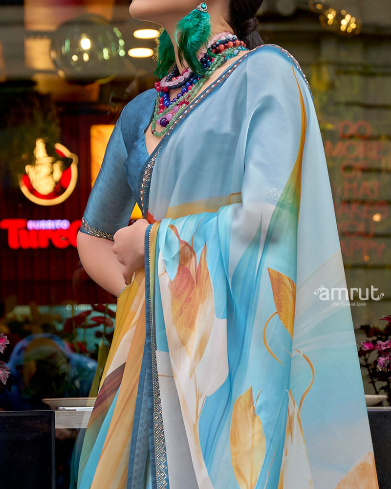 Light Teal and Peach Abstract Floral Print Saree with Silver Embellished Border and Unstitched Blouse 03