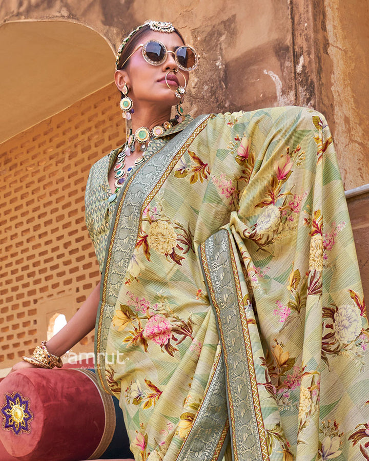 Light Yellow Floral Printed Silk Saree with Unstitched Blouse 02