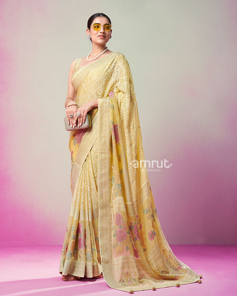 Light Yellow Printed Saree with Unstitched Blouse 01