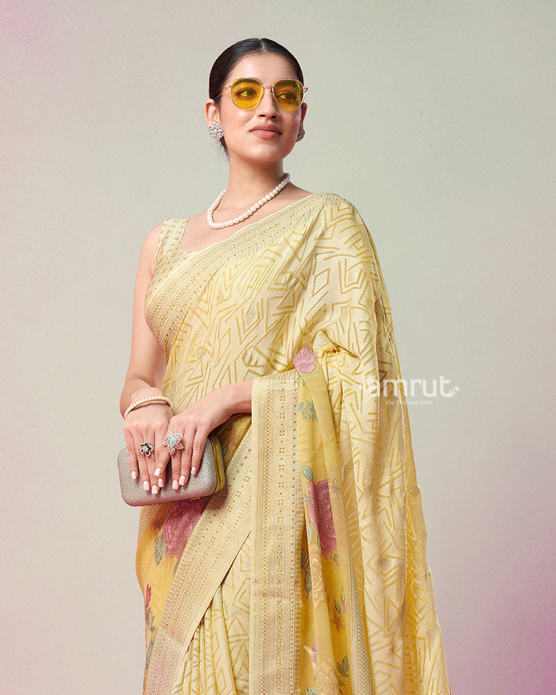Light Yellow Printed Saree with Unstitched Blouse 02