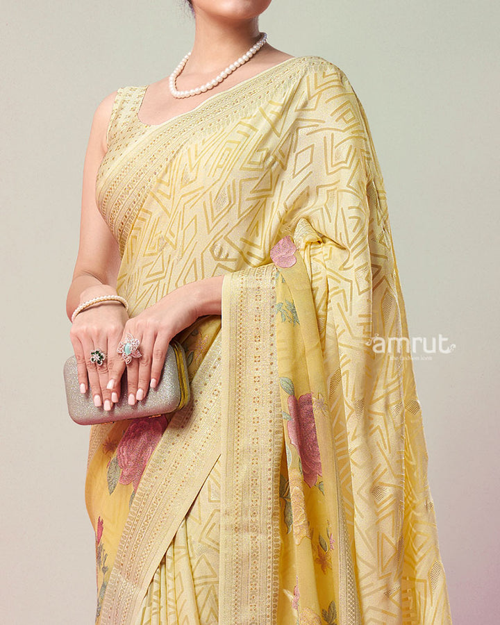 Light Yellow Printed Saree with Unstitched Blouse 03