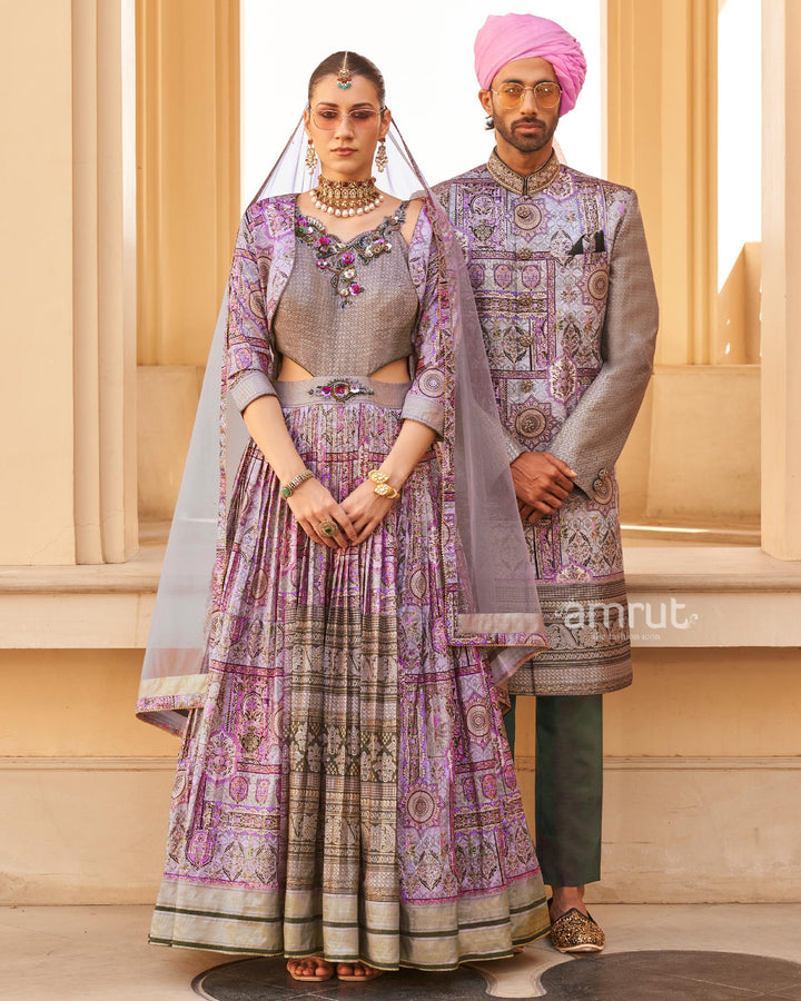 Lilac Anarkali Dress and Men Blue Kurta Set with Printed Coat