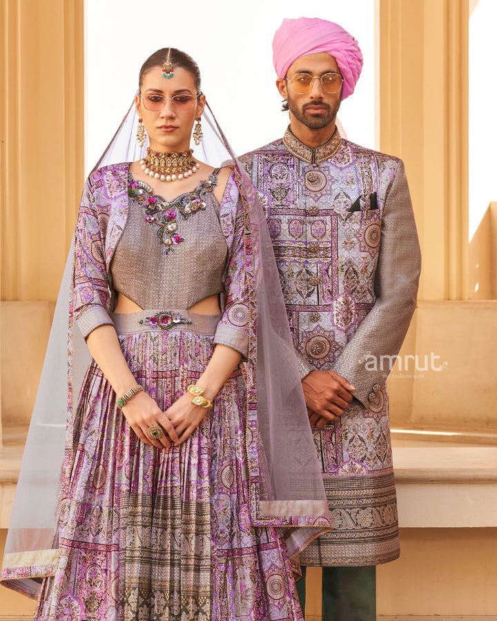 Lilac Anarkali Dress and Men Blue Kurta Set with Printed Coat