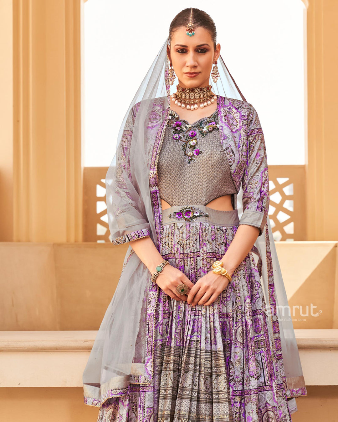 Lilac Anarkali Dress and Men Blue Kurta Set with Printed Coat