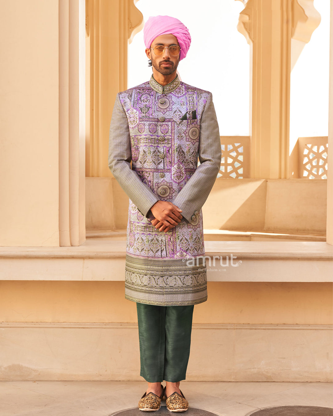 Lilac Anarkali Dress and Men Blue Kurta Set with Printed Coat