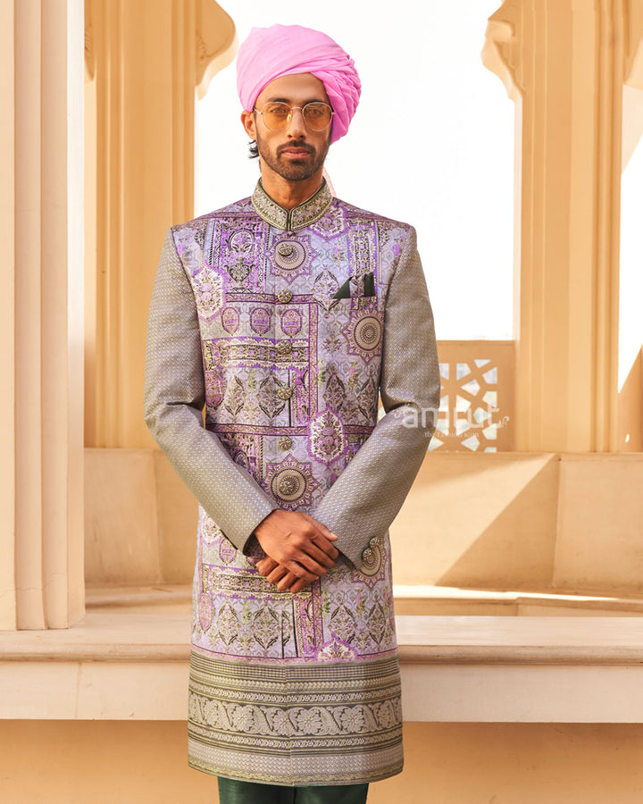 Lilac Anarkali Dress and Men Blue Kurta Set with Printed Coat