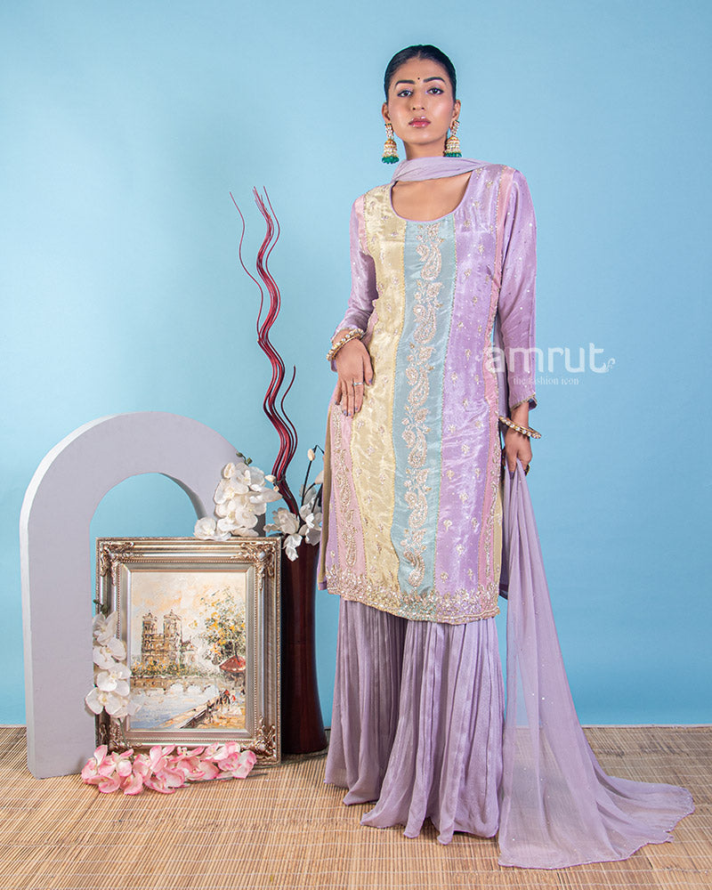 Lilac Embroidered Kurti and Sharara Set With Dupatta