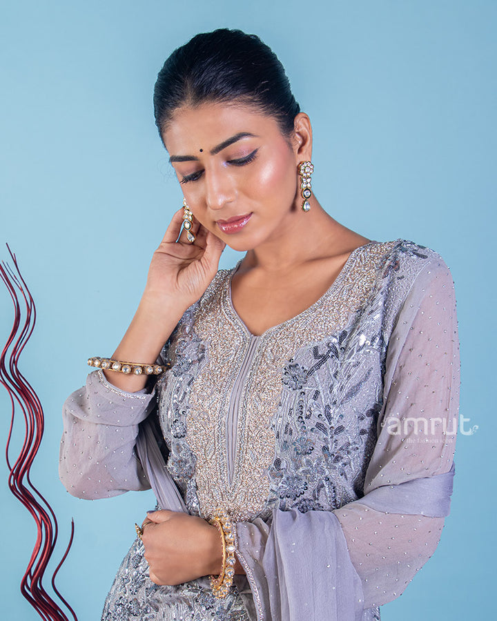 Lilac Hand Embroidered Sharara Style Kurta Set in Crushed Shimmer