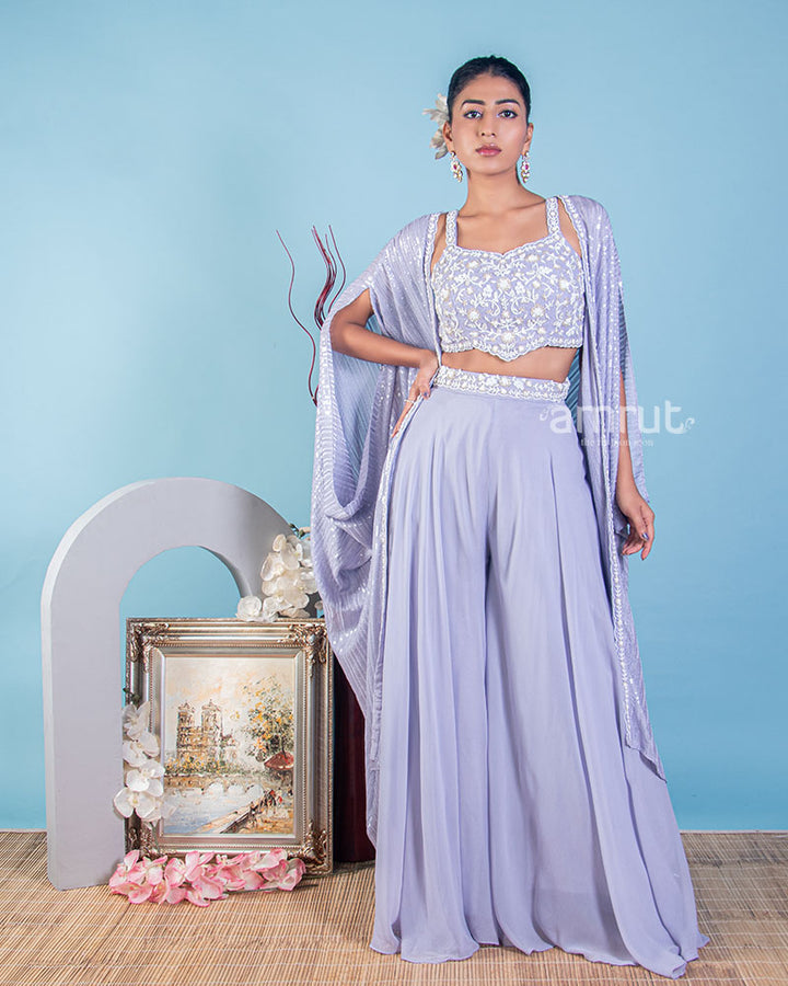 Lilac Palazzo Crop Top Suit With Shrug in Georgette