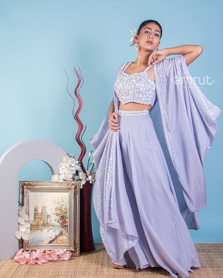 Lilac Palazzo Crop Top Suit With Shrug in Georgette