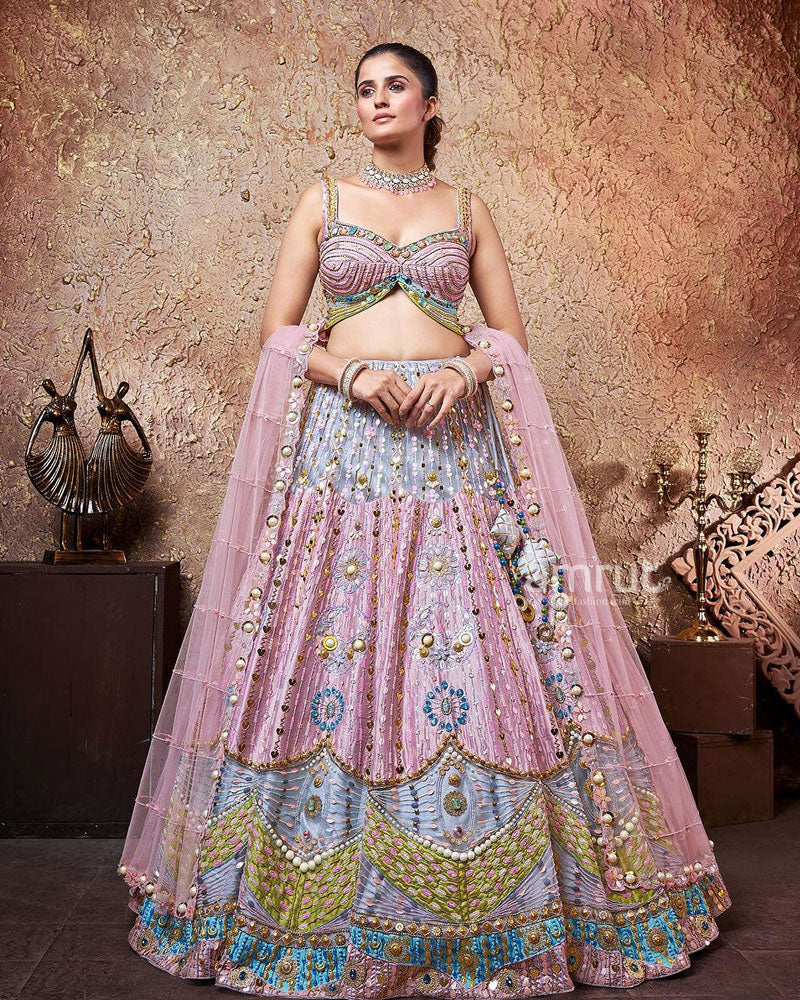 Lilac Purple Lehenga Suit Set In Premium silk With Pearl And Sequin Work
