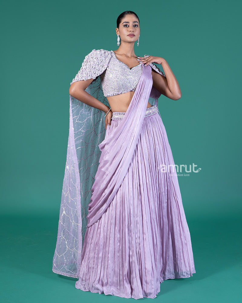 Lilac Pleated Lehenga Embellished Choli with Cape Overlay 01