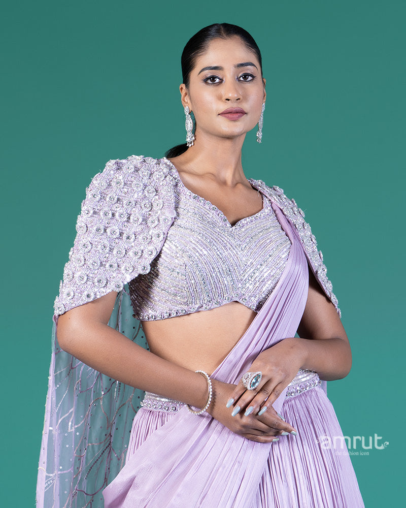 Lilac Pleated Lehenga Embellished Choli with Cape Overlay 02