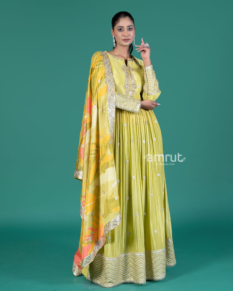 Lime Green Embellished Gown with Tropical Dupatta 01