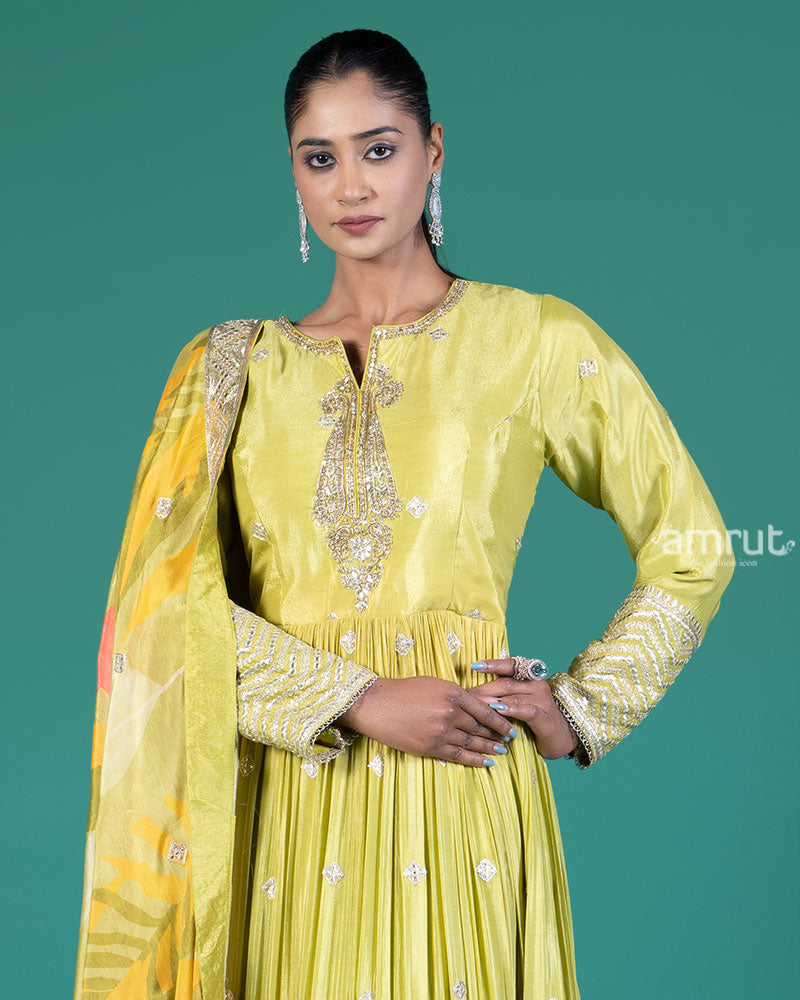 Lime Green Embellished Gown with Tropical Dupatta 02