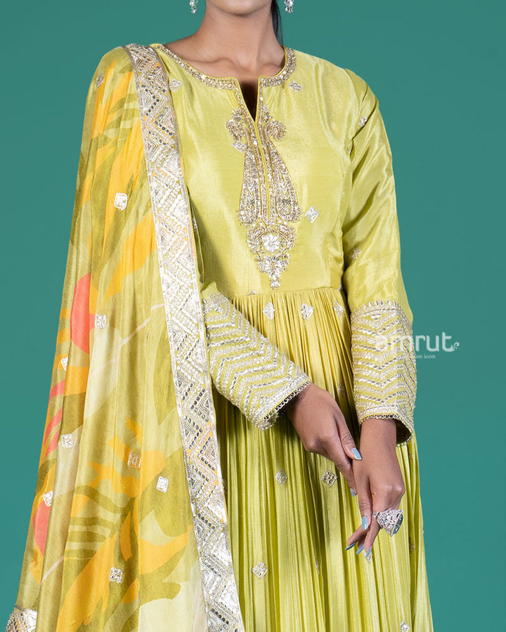 Lime Green Embellished Gown with Tropical Dupatta 03