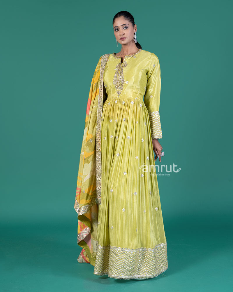 Lime Green Embellished Gown with Tropical Dupatta 04