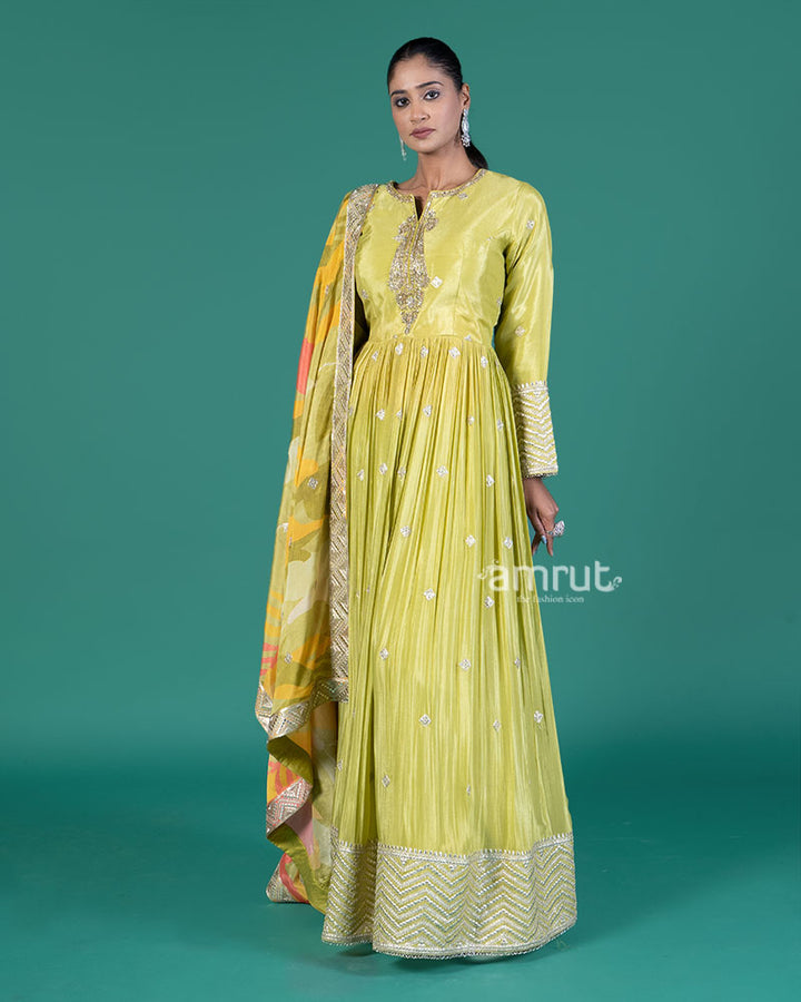 Lime Green Embellished Gown with Tropical Dupatta 04