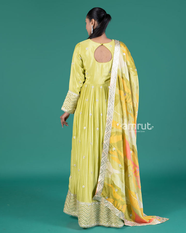 Lime Green Embellished Gown with Tropical Dupatta 05