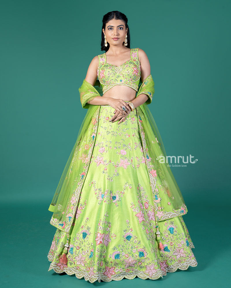 Lime Green Embellished Lehenga Choli with Net Dupatta 01