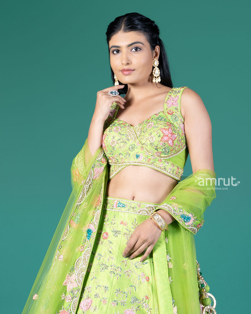 Lime Green Embellished Lehenga Choli with Net Dupatta 02