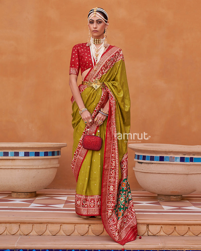 Lime Green Zari Weaving Red Border Saree in Patola Silk with Unstitched Blouse 01
