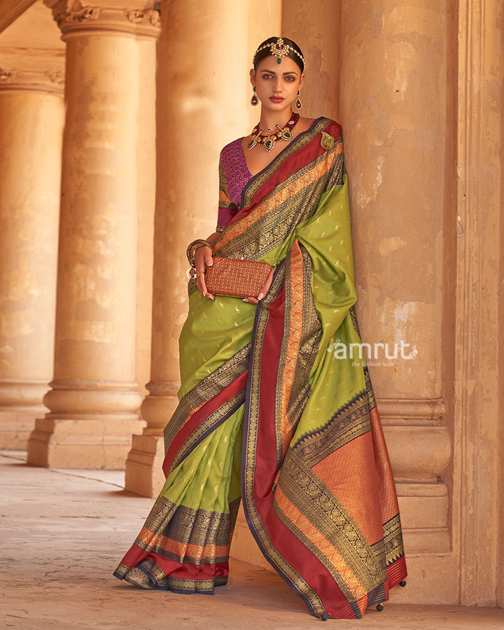 Lime Green and Maroon Dual-Tone Borders Printed Patola Silk Saree with Unstitched Blouse 01