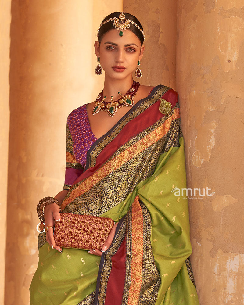 Lime Green and Maroon Dual-Tone Borders Printed Patola Silk Saree with Unstitched Blouse 02