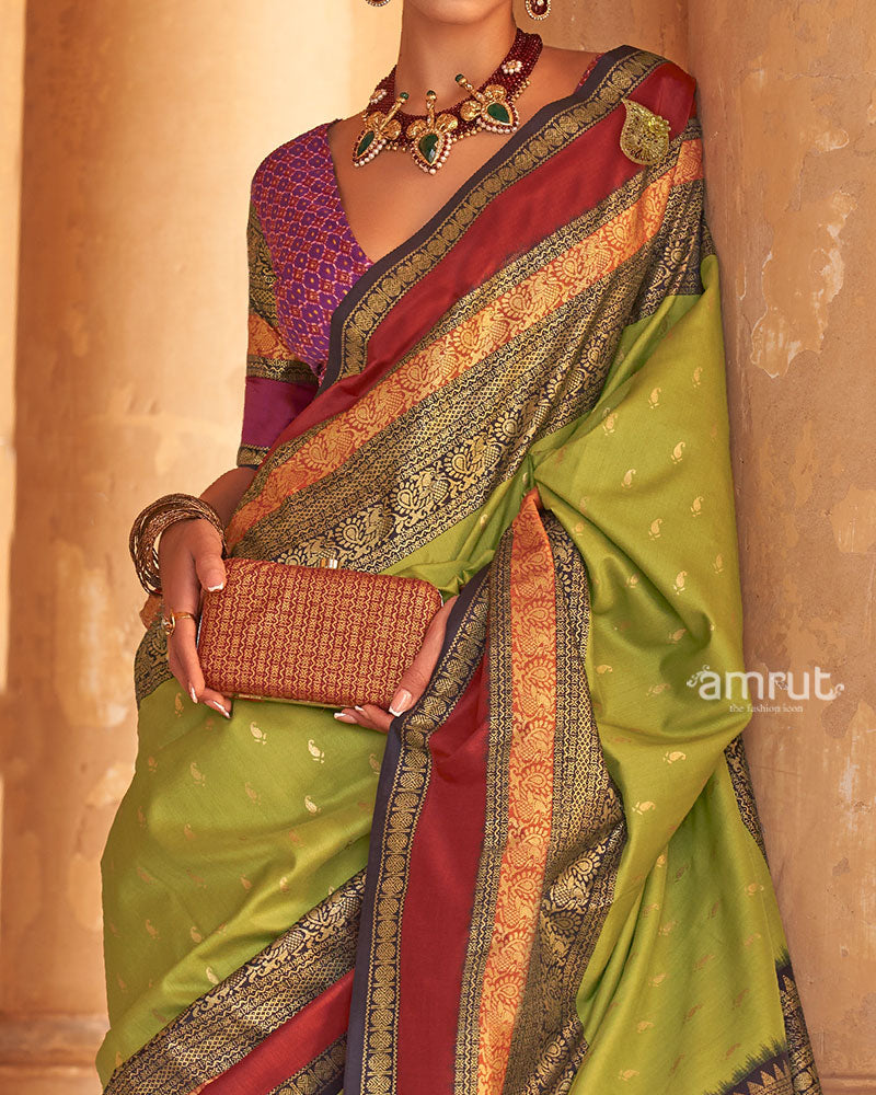 Lime Green and Maroon Dual-Tone Borders Printed Patola Silk Saree with Unstitched Blouse 03