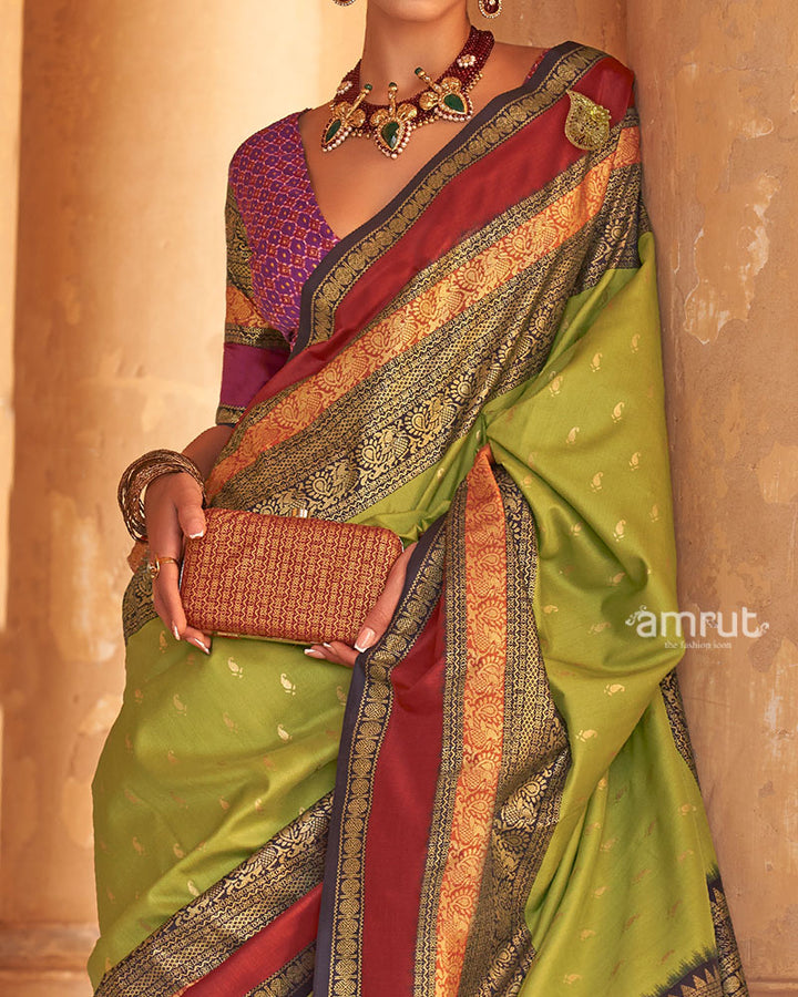 Lime Green and Maroon Dual-Tone Borders Printed Patola Silk Saree with Unstitched Blouse 03