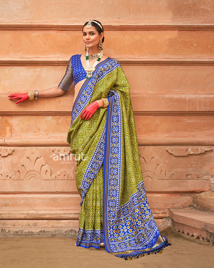 Lime Green and Royal Blue Printed Traditional Saree with Unstitched Blouse 01
