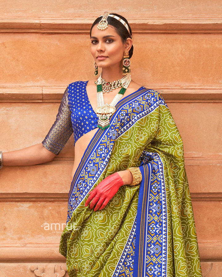 Lime Green and Royal Blue Printed Traditional Saree with Unstitched Blouse 02