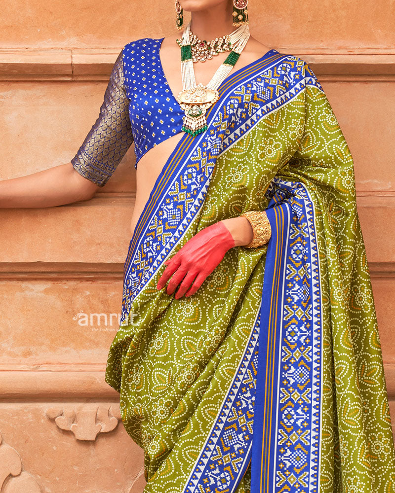 Lime Green and Royal Blue Printed Traditional Saree with Unstitched Blouse 03