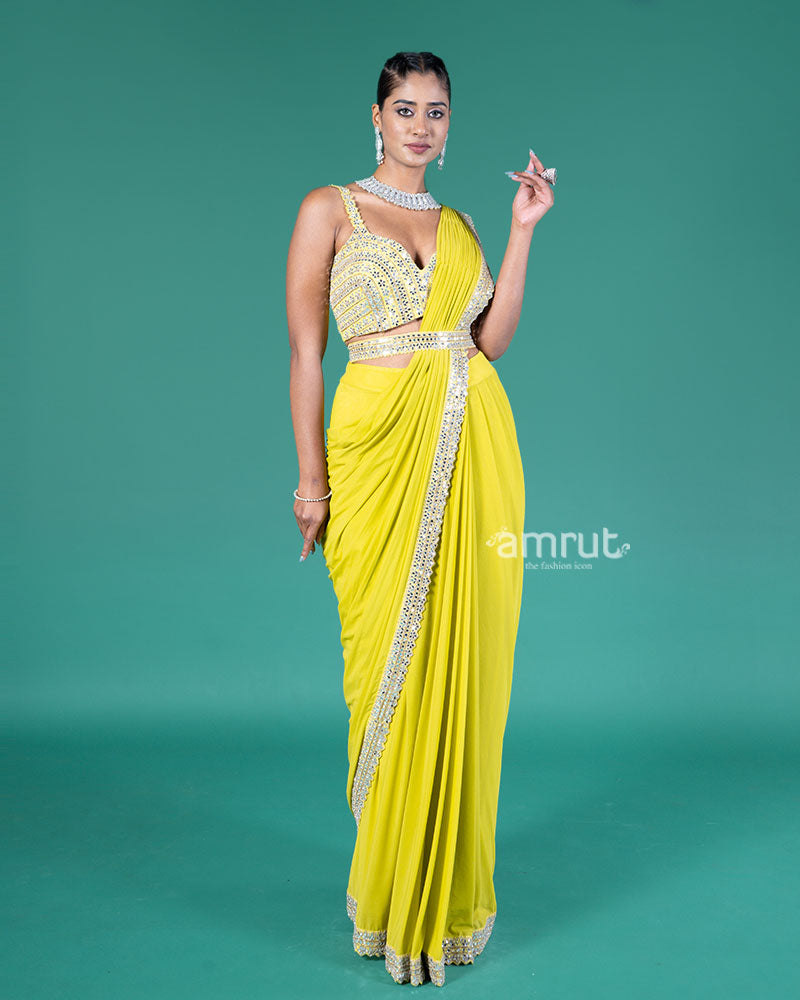 Lime Yellow Ready-to-Wear Saree with Embroidered Crop Blouse 01